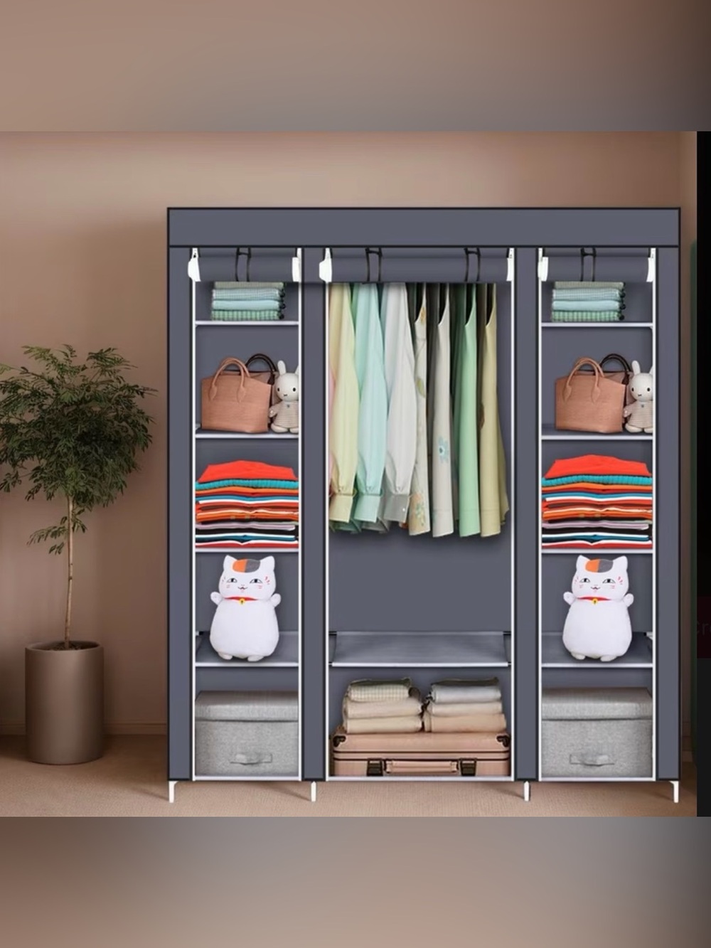 Portable Fabric Wardrobe Closet Organizer in Dark Gray - Home Storage